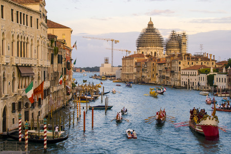 VENICE ITALY  SEPTEMBER 07 2008: Historical ships open the Regata Storica.The water parade commemorates the welcome given in 1489 to Caterina Cornaro the wife of the King of Cyprusのeditorial素材