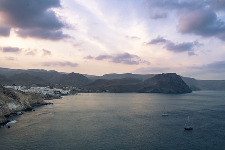 Las Negras Beach is a part of the natural park of Cabo de Gata, Almeria, Spain.Blue hour viewの写真素材