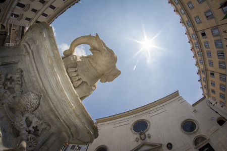 Low-angle and fisheye view, obelisk  in Piazza della Rotonda' area erected over  Bernini's sculpture fronting Santa Maria sopra Minerva' Church. Rome, Italyの写真素材