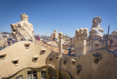 Barcelona, Spain. May 6, 2017: Roof and chimneys of Casa Mila ,also known as La Pedrera, by Catalan architect Antoni Gaudi.のeditorial素材