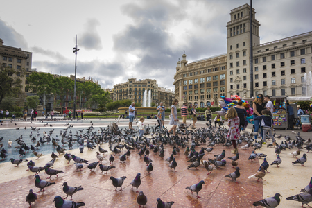 Barcelona, May 07, 2017: People feeding the pigeons in Placa de Catalunya near La Ramblaのeditorial素材