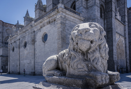 Old statue of a lion in Medieval European Town of Avila, Spain. The old city of Avila and its extramural churches were declared a World Heritage site by UNESCOの写真素材