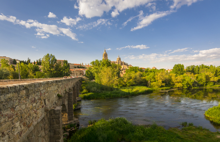 Ancient Roman bridge over Tormes river with the New Cathedral in the background in Salamanca, Spainの写真素材