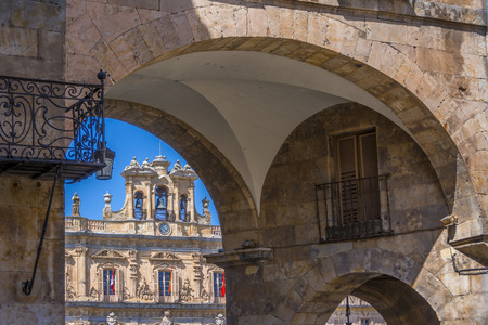 Clock tower in Plaza Mayor of Salamanca in Spain. One of the most beautiful Squares of Europe. Exterior image shot from public floor.Declared by UNESCO a World Heritage Site since 1988.の写真素材