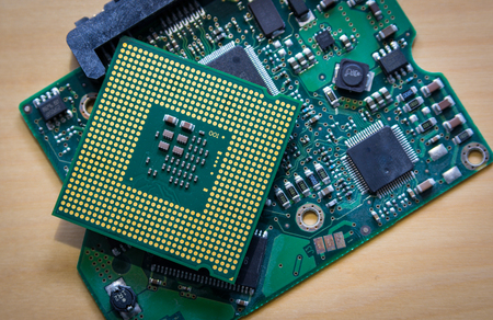Technology background with computer processors CPU concept blue circuit board texture