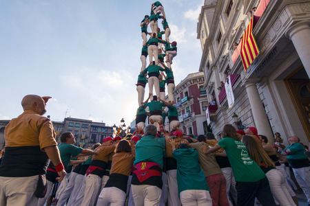 Reus, Spain. September 2017: Castells Performance, a castell is a human tower built traditionally in festivals within Catalonia. This is also on the UNESCO Intangible Cultural Heritage of Humanityのeditorial素材