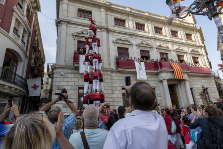 Reus, Spain. September 2017: Castells Performance, a castell is a human tower built traditionally in festivals within Catalonia. This is also on the UNESCO Intangible Cultural Heritage of Humanityのeditorial素材
