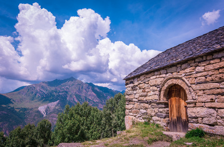 Old Romanesque wooden door of the Sant Quirc de Taull hermitage, Catalonia, Spain.