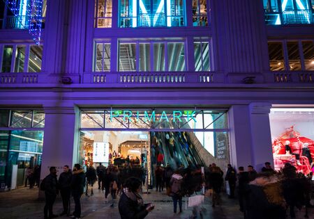 Madrid, Spain. December 2018: Primark store in Gran via of Madrid, night view.のeditorial素材