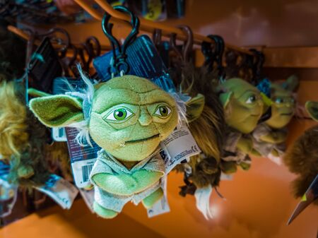 Barcelona, Spain. October 2019: 6: Star Wars Yoda figure toy on shelve in shopping mall.のeditorial素材