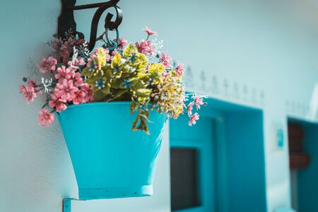 Pink flowers in a blue bucket hung on a white wall in the traditional fishing village of Ametlla de mar. Greece or Ibiza bakground. Teal and orange styleの写真素材