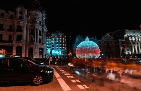 Madrid, Spain, December 2019. Giant Christmas LED Ball show in Gran Via , Madrid