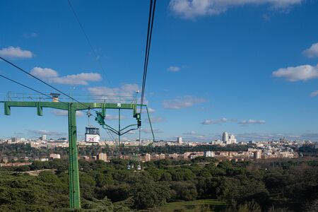Cable car over casa de campo park in Madrid, Spain.の写真素材