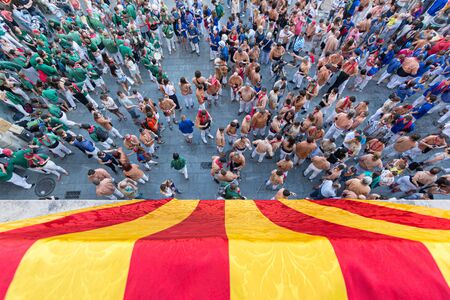 Catalan flag from above in a Castells Performanceのeditorial素材