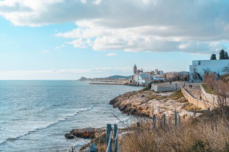 View of the San Sebastian Beach in Sitges, Spain.