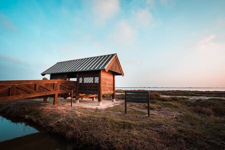 Wooden cabin for bird watching in the Ebro river delta, Spainの写真素材