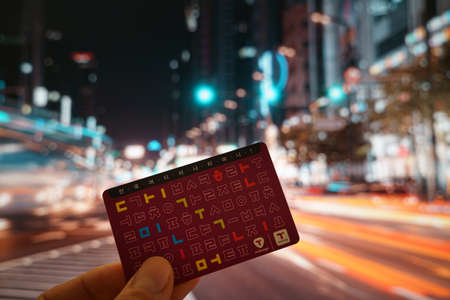 Hand holding a TMoney card in Seoulのeditorial素材