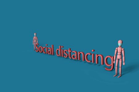3D figures with face mask and social distancing word.の写真素材