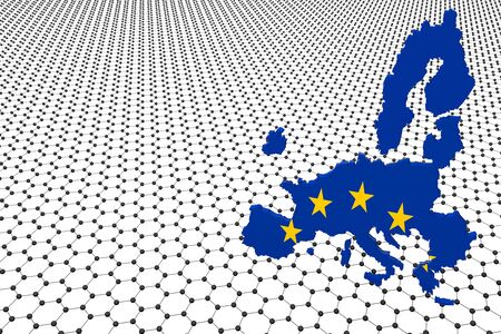 3d European Map over an infinite graphene sheet, symbolizing the european union scientific research in the field of nanotechnology, materials and grapheneの写真素材