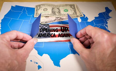 Hands opening a window on the United States map with the text Opening up america again