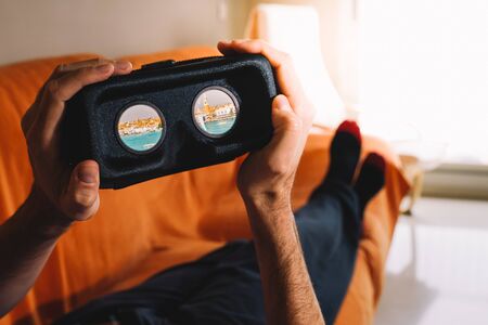 Man using VR headset and doing Virtual reality travelの写真素材