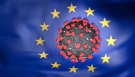 3D coronavirus against an European Union flag.の写真素材