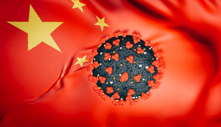 3D coronavirus against a flag of Chinaの写真素材
