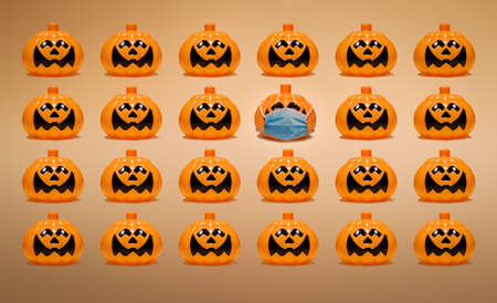Halloween pumpkin with face mask standing out from the crowdの写真素材