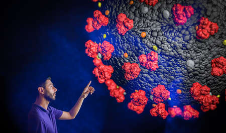 View Of bearded Caucasian Man Looking At 3D Coronavirusの写真素材