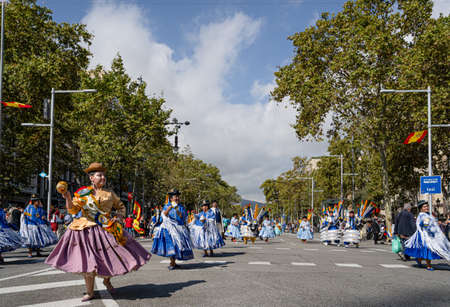 Barcelona, Spain. 12 October 2019: Bolivian Moreno dancers during Dia de la Hispanidad in Barcelona.のeditorial素材