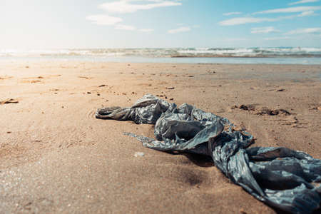 Plastic bag on a beach, tourism and environment concept.の写真素材