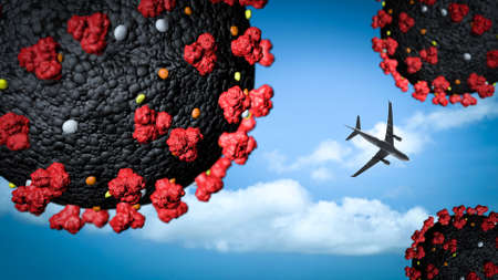 airplane flying between coronavirus. Concept of Bankruptcy and impact of Covid-19 pandemic on airline companiesの写真素材