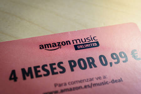 Barcelona, Spain - November 2020: card with amazon music unlimited 4 months deal in spanish language. Illustrative editorialのeditorial素材