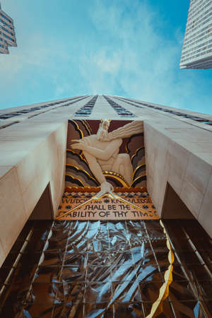 Low angle view of the Wisdom statue, Rockefeller Center, NYC.のeditorial素材
