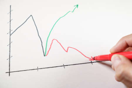 Hand drawing a red arrow on a line chart showing a K-shaped recovery of the pandemic crisis.の写真素材
