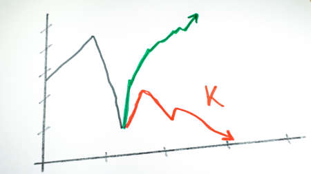 line chart showing a K-shaped recovery of the pandemic crisis.の写真素材