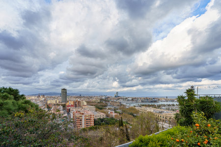 Barcelona, Spain. March 2021: Cityscape top view on Barcelona city from Miramar gardens in Spainの写真素材