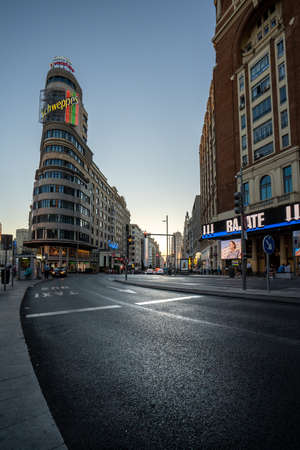 Madrid, Spain - June 2019: Gran via Avenue at the iconic schweppes building.のeditorial素材