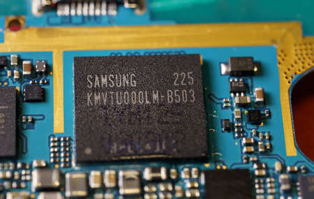 Barcelona, Spain. September 2021: Close-up of a Samsung microprocessorのeditorial素材