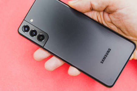 Barcelona, Spain. September 2021: Flagship Samsung Galaxy S21 plus smartphone displayed for editorial purposes.のeditorial素材