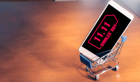 Smartphone with 11.11 message on screen inside a small shopping cart, singles day online shopping conceptの写真素材