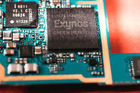 Barcelona, Spain. September 2021: Close-up of a Samsung microprocessorのeditorial素材