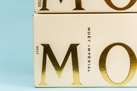 Tarragona, Spain. October 2021: close up view of Moet and Chandon imperial Champagne box.のeditorial素材
