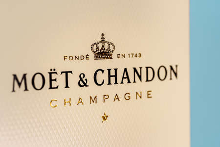 Tarragona, Spain. October 2021: close up view of Moet and Chandon imperial Champagne box.のeditorial素材