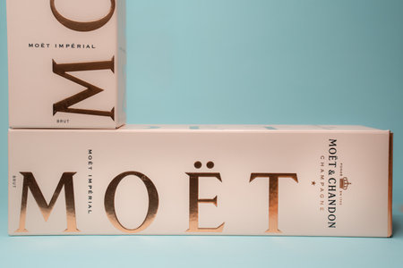Tarragona, Spain. October 2021: close up view of Moet and Chandon imperial Champagne box.のeditorial素材