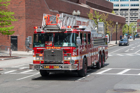 Boston, USA. May 11: Boston city fire department truck seen attending a call in the cityのeditorial素材