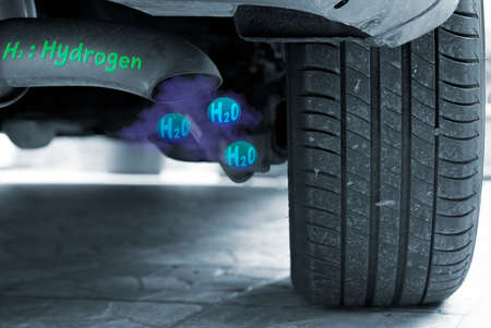 exhaust pipe of a car emitting water molecules from hydrogen combustion.の写真素材