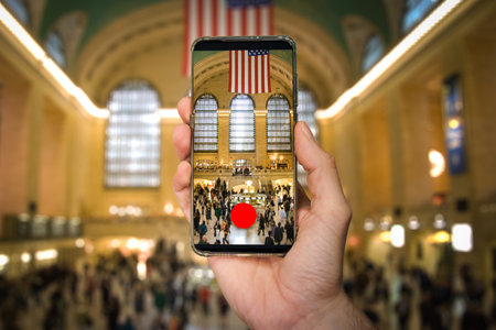 hand holding a smartphone with camera app and taking a picture of Grand Central station in New York Cityの写真素材