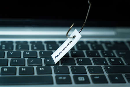Fishhook stealing a piece of paper with the word Password on it on top of a laptop keyboardの写真素材