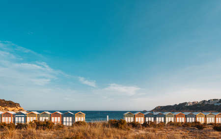 Famous beach huts in Sagaro with Playa de Sant Pol, Costa Brava. Spain. Mediterranean Seaの写真素材